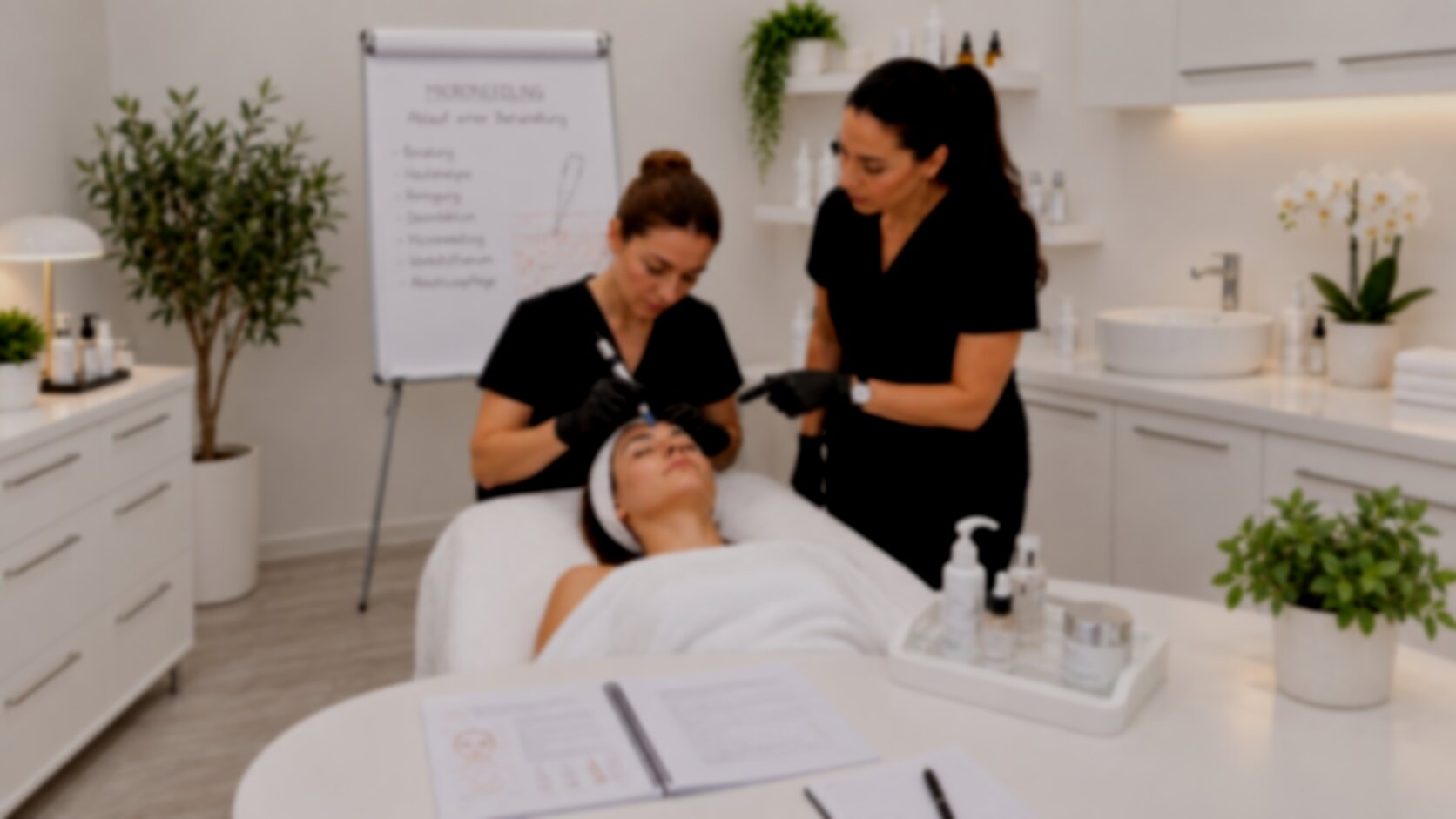 Trainerin begleitet eine Teilnehmerin bei der praktischen Microneedling-Behandlung an einem Modell im Schulungsraum.